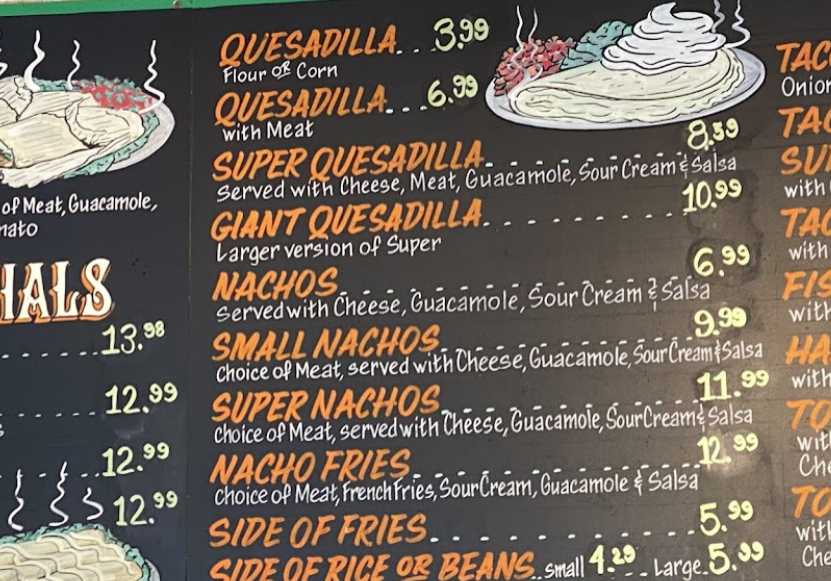 Taqueria de Amigos A menu of different types of food on the side.